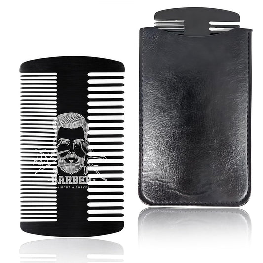 Metal Beard & Mustache Comb for Men - Anti-Static Dual Action - Credit Card Size Stainless Steel EDC Comb, Lice Wallet Pocket, Fine Cutting Teasing Barber Hair Styling - Black