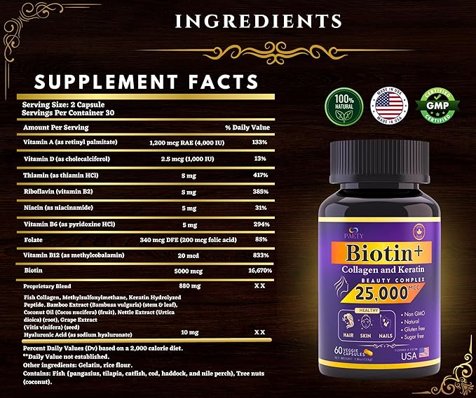Revitalize Your Beauty! Biotin, Collagen & Keratin Complex – 25,000 mcg with Hyaluronic Acid & B Vitamins – Clinically Tested for Lush Hair, Radiant Skin, Strong Nails – 60 Capsules