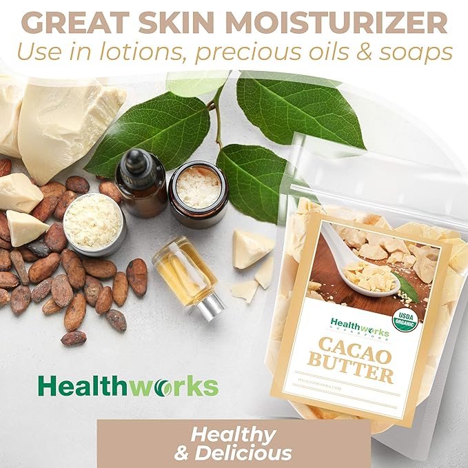 Healthworks Superfoods Organic Cacao Butter - 16 Oz / 1 Lb - USDA Certified Organic from Peru - Unrefined Non-Deodorized Cocoa - Sugar-Free, Keto, Vegan & Non-GMO - Antioxidant Superfood