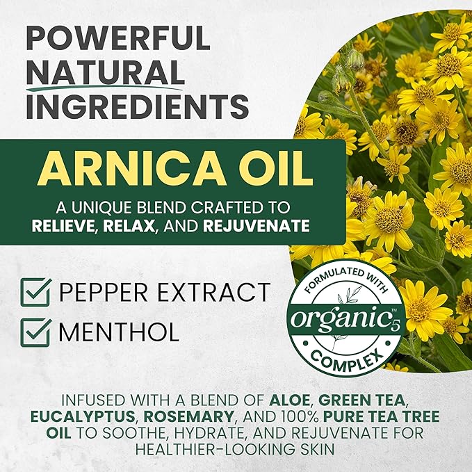 Sore Muscle Massage Oil with Arnica, Tea Tree & Eucalyptus Oils, Massage Oil for Massage Therapy, Muscle Relief, Relaxation, Tension & Skin Softening for Professional & Home Use (Pack of 2)