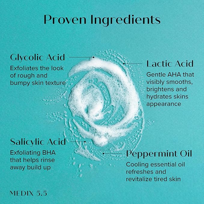 Medix 5.5 Glycolic Acid + Lactic Acid Exfoliating Body Wash Gel | KP Bump Eraser | AHA Exfoliant Skin Care Body Cleanser | Keratosis Pilaris & Acne | Anti Aging AHA Foaming Body & Face Wash, 15 Fl Oz