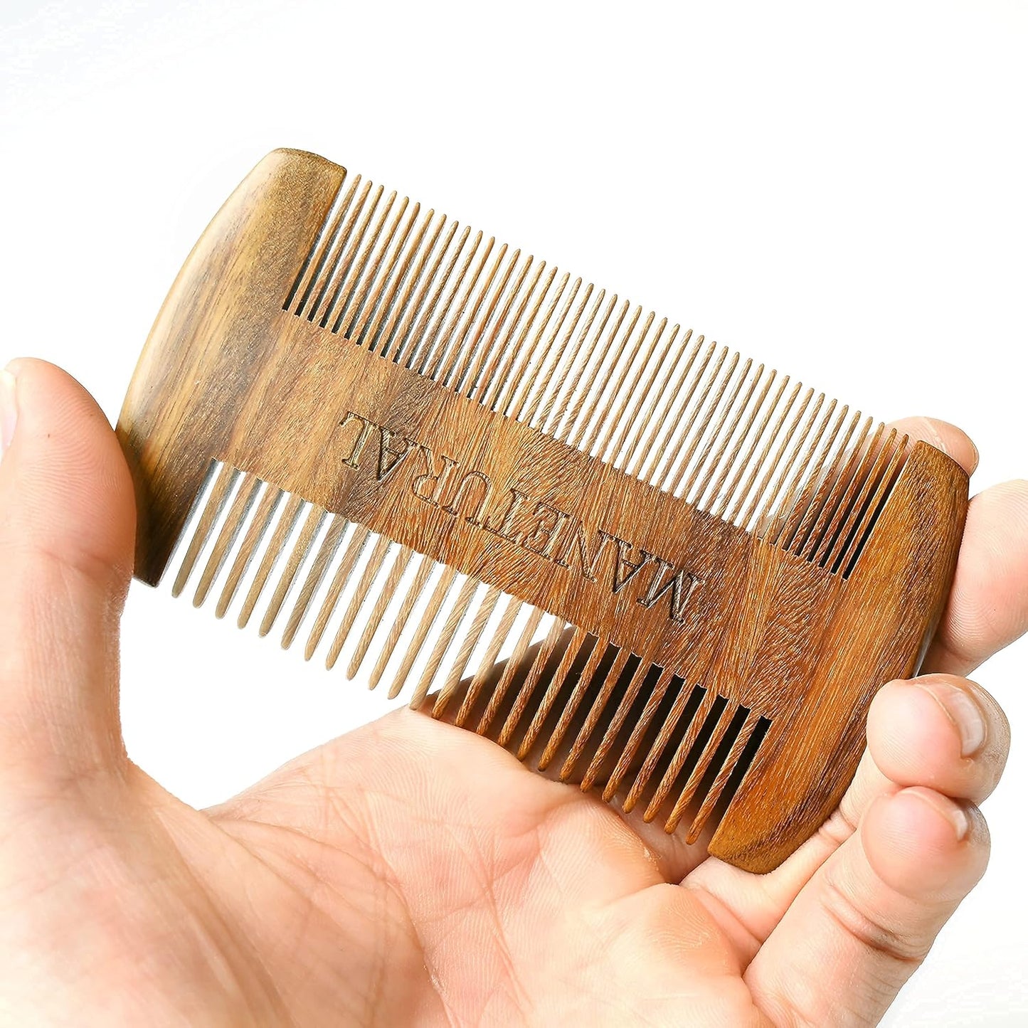 Premium Sandalwood Dual-Action Comb - Double-Tooth Design for Men's Fine & Wide Hair, Mustache Comb, Protective PU Leather Case
