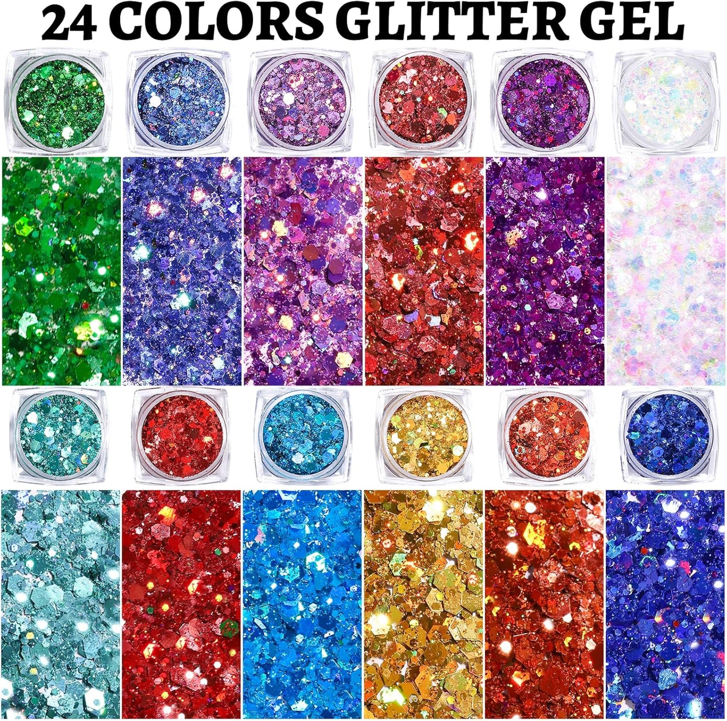 Teenitor 24 Colors Body & Hair Glitter Gel - Face, Body, Hair Glitter for Halloween Makeup Festival