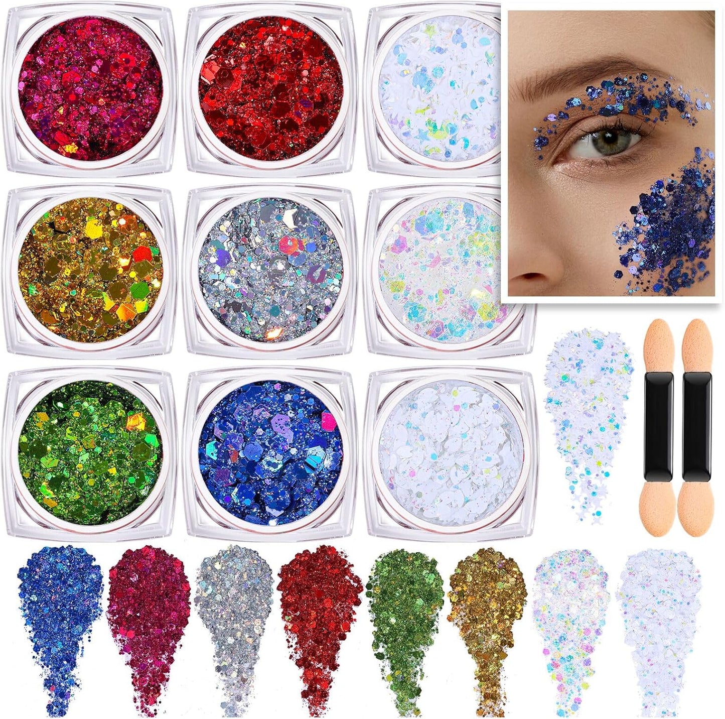 Teenitor Face Glitter, 9 Jars Body Glitter Gel, 9 Colors Makeup Gel Glitter for Face and Body, Hair