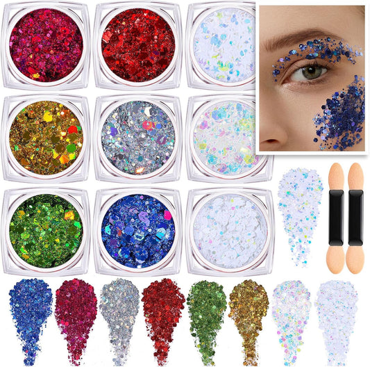 Teenitor Face Glitter, 9 Jars Body Glitter Gel, 9 Colors Makeup Gel Glitter for Face and Body, Hair