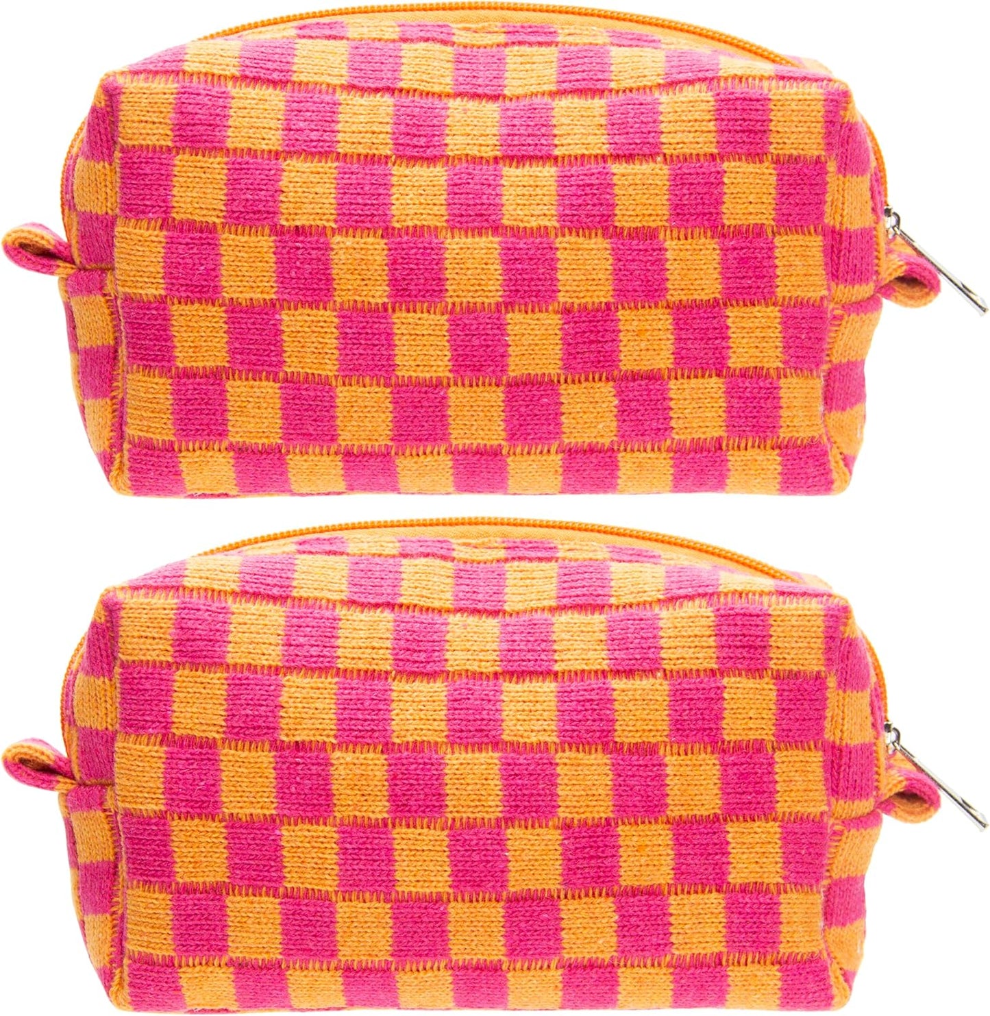 PAZIMIIK 2PCS Checkered Makeup Bag for Purse Portable Zipper Make Up Pouch Small Cosmetic Case for Travel Red Orange