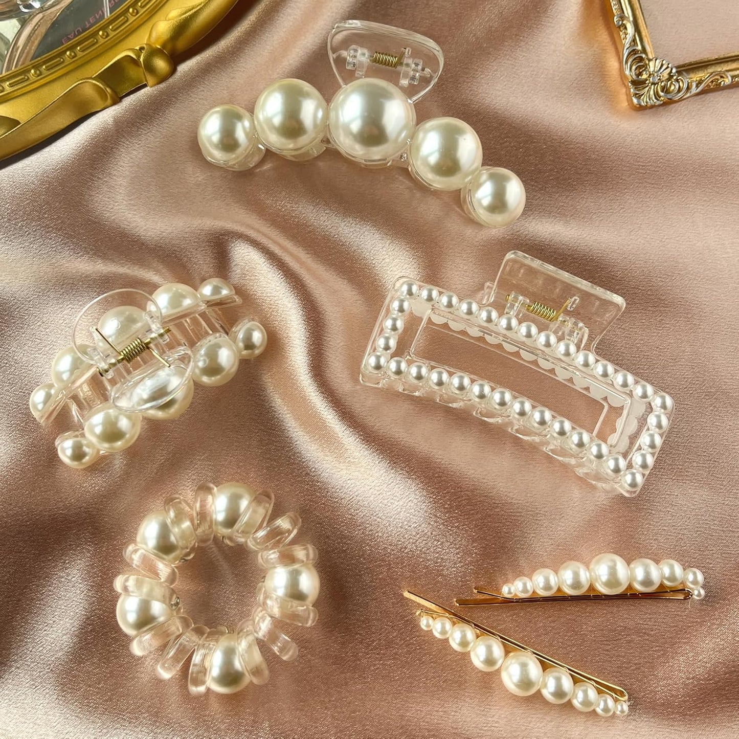 Pearl Hair Clips for Women/Girls,6PCS Strong Hold Large Hair Claw Clips for Thick/Thin Hair Claws,Nonslip Cute Decorative Bobby Hair Pins,Spiral Hair Ties,Wedding Hair Accessories Gifts (B-milk)