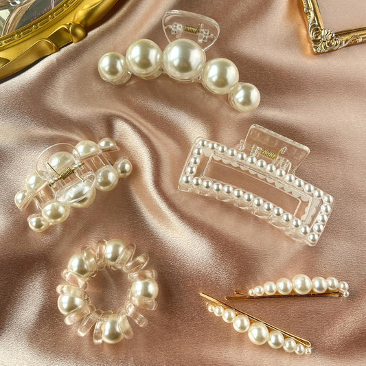 Pearl Hair Clips for Women/Girls,6PCS Strong Hold Large Hair Claw Clips for Thick/Thin Hair Claws,Nonslip Cute Decorative Bobby Hair Pins,Spiral Hair Ties,Wedding Hair Accessories Gifts (B-milk)