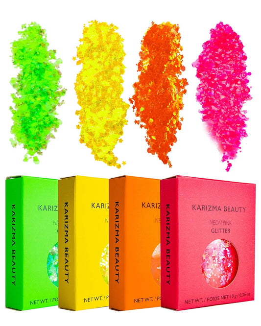 KARIZMA Neon Nights! 4x 10g Chunky Face, Hair, Eye & Body Glitter Set - Neon Yellow, Pink, Orange, Green - Festival, Rave & Event Glitter
