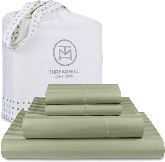 Threadmill 500 Thread Count Full-Size Damask Stripe, 4 Pc Luxury Cotton Bedding Set, Breathable Sage Green Sheets with 16" Elasticized Deep Pocket, 2 Pillowcases & Free Tote Bag