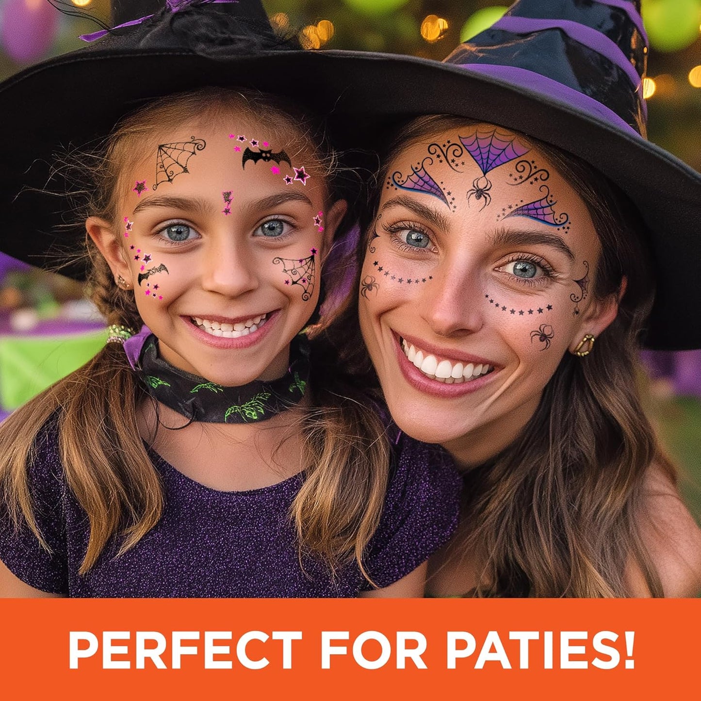Halloween Witch Costume Temporary Tattoos – Magical Tattoo Kit for Kids, Includes Hats, Brooms, Cats & Stars, Non-Toxic, Easy to Apply, Perfect Costume Accessory or Party Favor