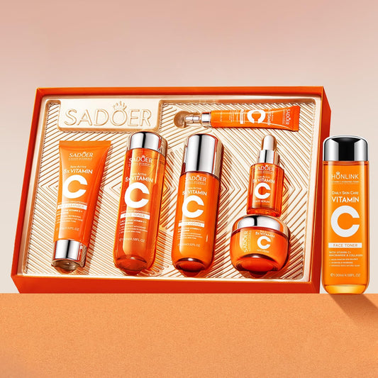 Vitamin C Skincare Set ,Skin Hydration,1Gift Box,1Toner,Face Care Kit Includes Toner,Serum,Cleanser,Moisturizer,Eye Cream & Body Lotion,Unique Gift for Women