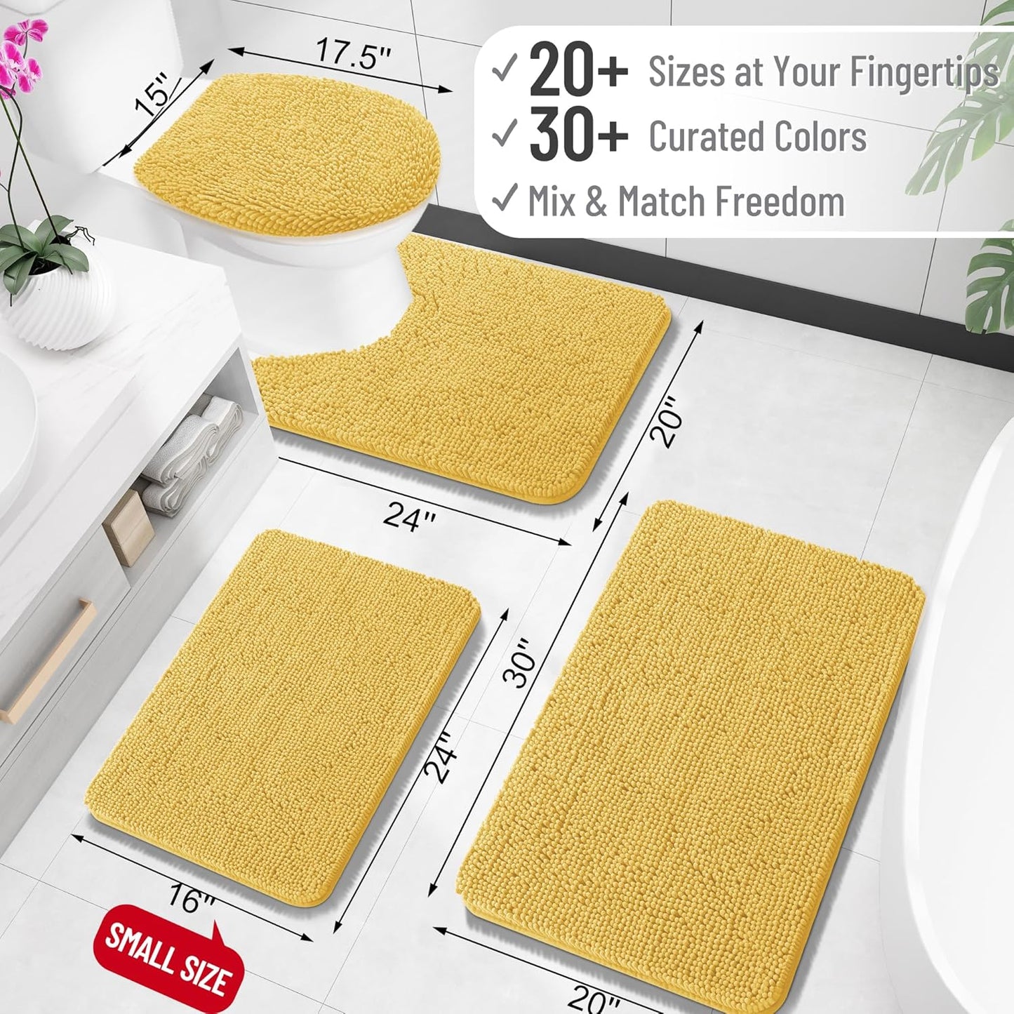 OLANLY Bathroom Rugs 30x20, Extra Soft Absorbent Chenille Bath Rugs, Rubber Backing Quick Dry, Machine Washable Bath Mats for Bathroom Floor, Tub and Shower, Home Decor Accessories, Yellow