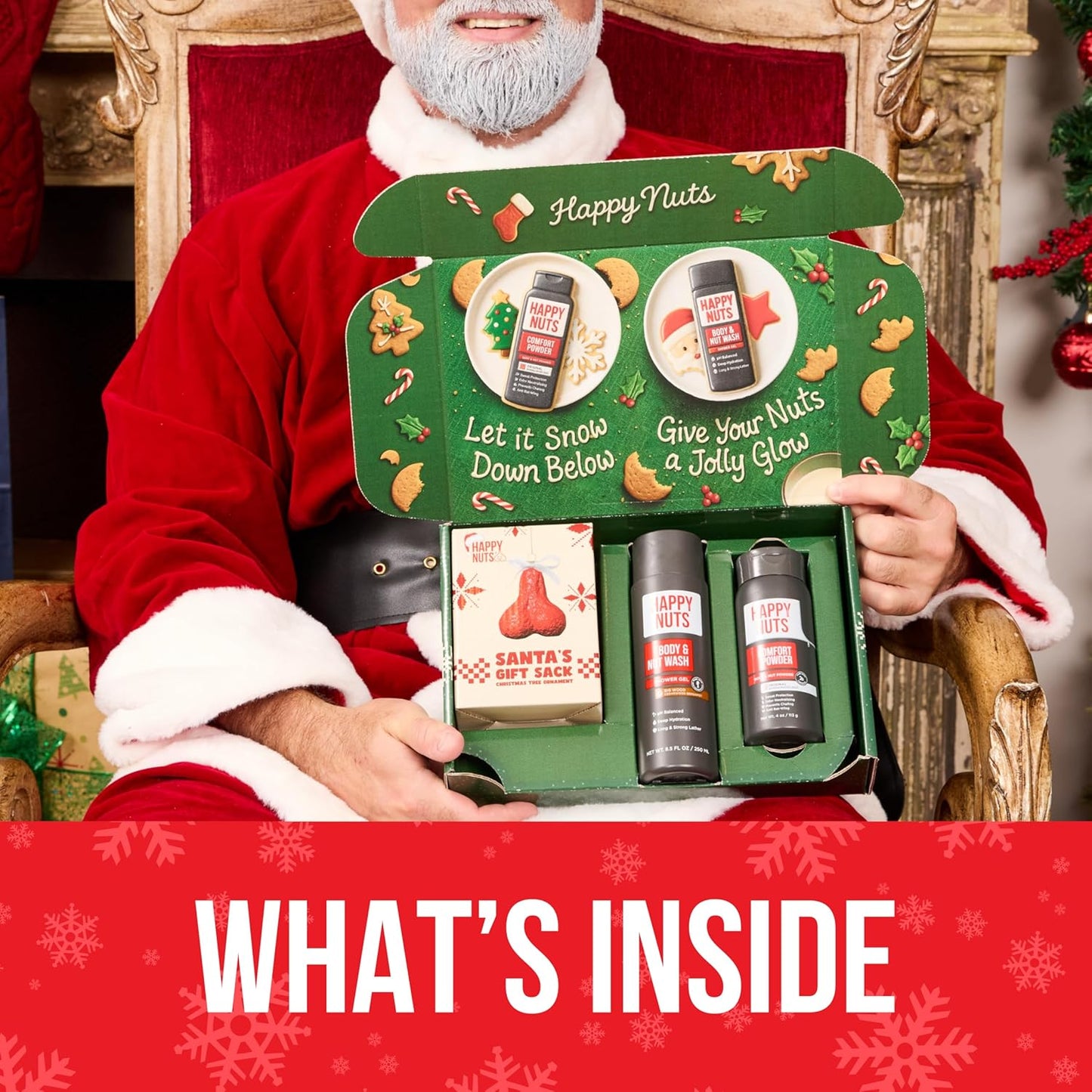 Happy Nuts Festive Holiday Gift Box for Men with Comfort Powder, Body Wash & Christmas Ornament - Ultimate Men's Care Package for Him & White Elephant Gift Idea