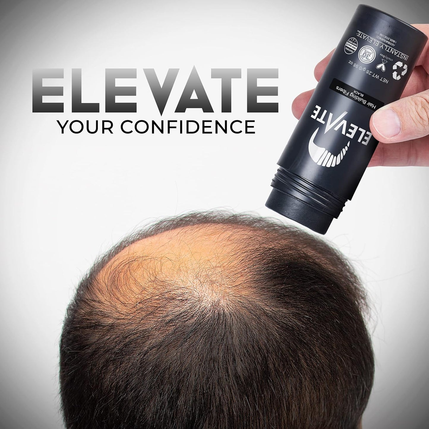 ELEVATE Hair Fibers to Instantly Thicken & Completely Conceal Thinning Balding Areas Loss in 30 Seconds for Men & Women (BLACK) 28g Size - 100% Natural & Undetectable Keratin Fibers