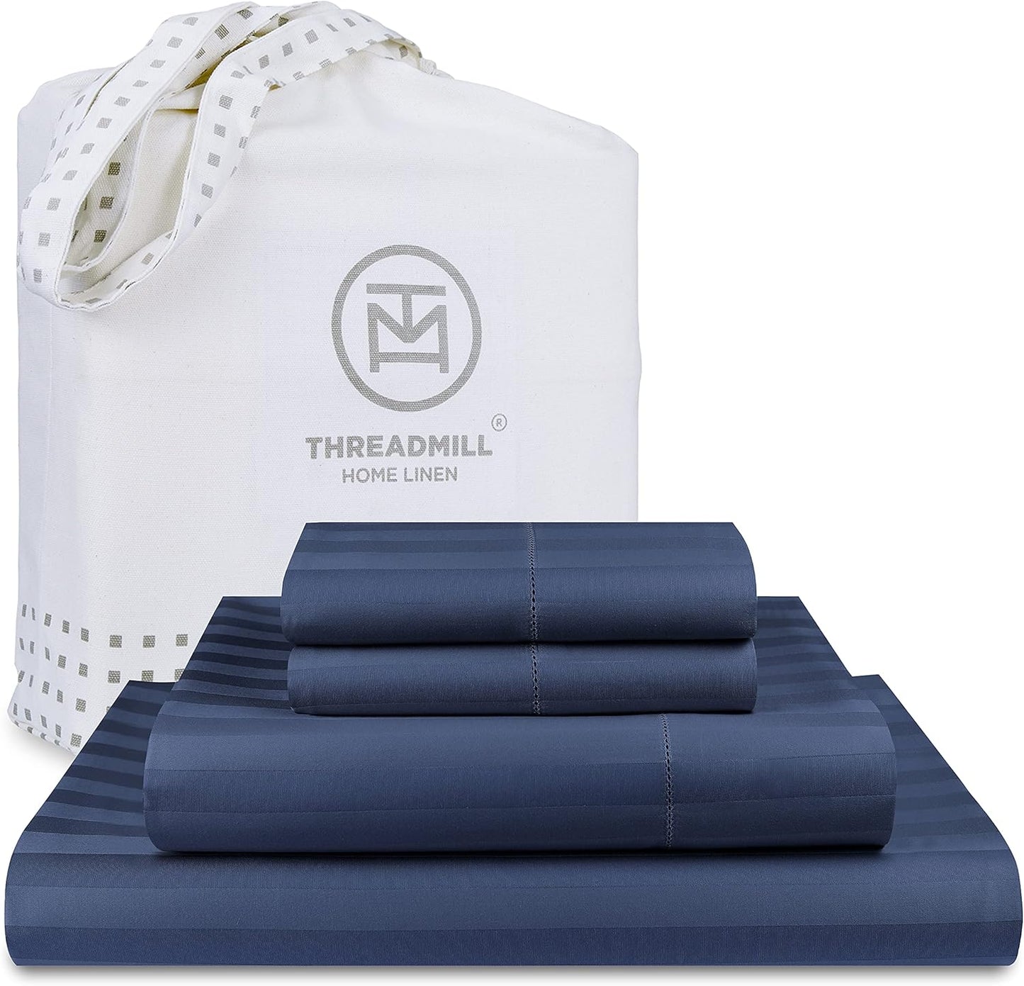 Threadmill 500 Thread Count Queen Size Damask Stripe, 4 Pc Luxury Cotton Sheet Set, Silky Smooth Folkstone Blue Sheets with 16" Elasticized Deep Pocket, 2 Pillowcases & Free Tote Bag