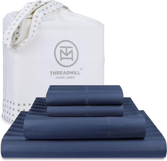 Threadmill 500 Thread Count Queen Size Damask Stripe, 4 Pc Luxury Cotton Sheet Set, Silky Smooth Folkstone Blue Sheets with 16" Elasticized Deep Pocket, 2 Pillowcases & Free Tote Bag