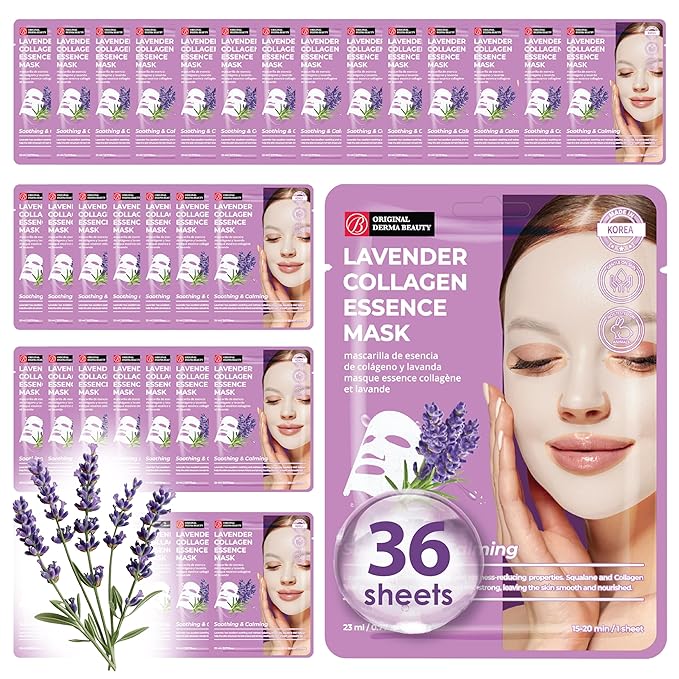 Original Derma Beauty Collagen Face Masks 36 PK Vegan Ultra Moisturizing Face Masks Skincare Sheet Masks Set for Beauty & Personal Care Korean Face Mask (Lavender)