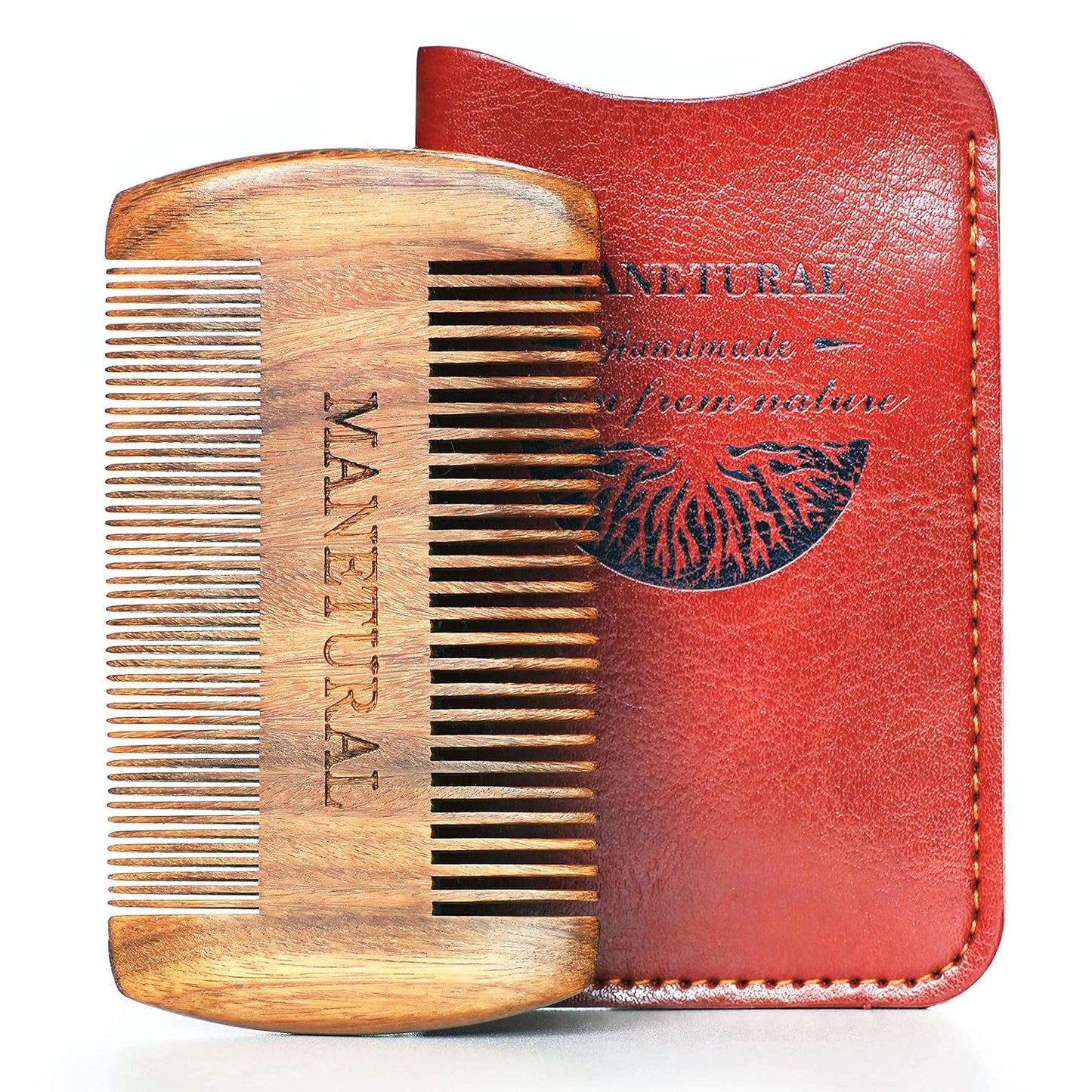 Premium Sandalwood Dual-Action Comb - Double-Tooth Design for Men's Fine & Wide Hair, Mustache Comb, Protective PU Leather Case