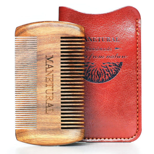 Premium Sandalwood Dual-Action Comb - Double-Tooth Design for Men's Fine & Wide Hair, Mustache Comb, Protective PU Leather Case
