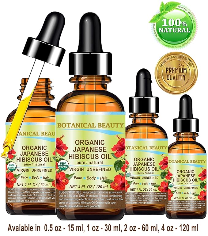 Botanical Beauty Organic HIBISCUS OIL (Hibiscus Sabdariffa) JAPANESE 100 Pure Natural VIRGIN UNREFINED COLD PRESSED Anti Aging, Vitamin E oil for FACE, SKIN, HAIR GROWTH 0.5 Fl.oz.- 15 ml