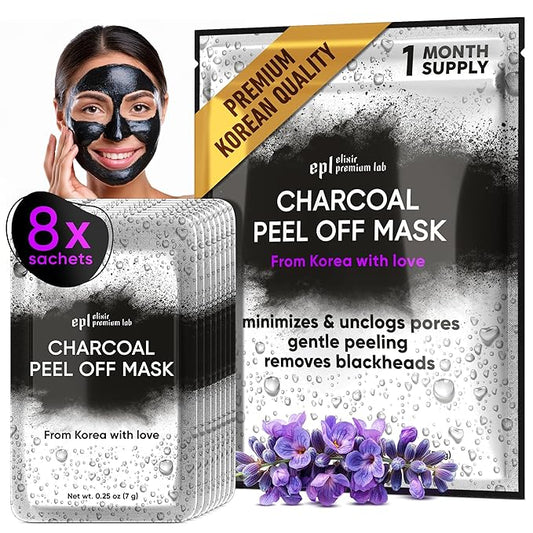 Korean Activated Charcoal Face Mask Peel Off - Blackhead Remover Mask - Facial Peeling & Nose Pore Cleaner - Black Head Remover for Face - Alternative to Pore Strips - Korean Skin Care Masks - 8 Pack