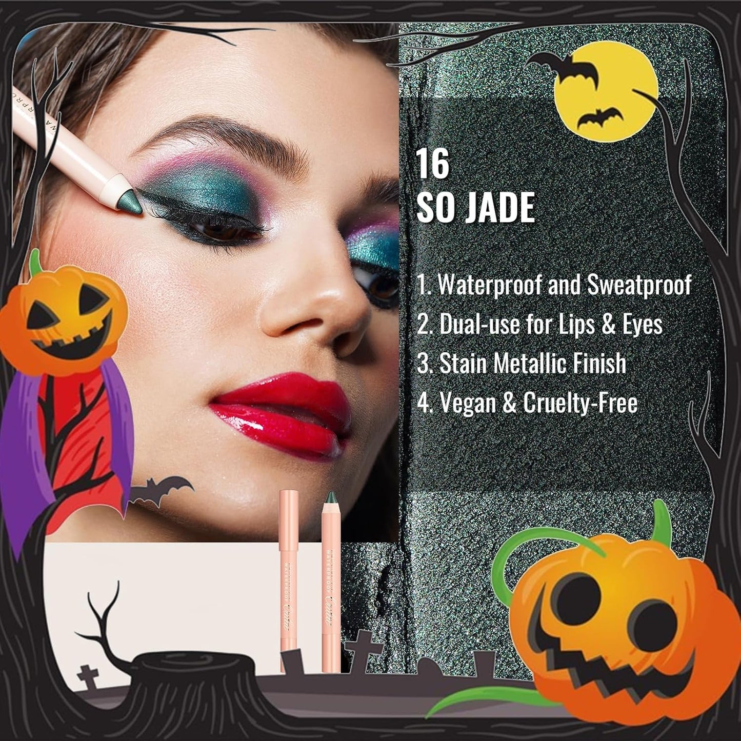 Oulac Sparkly Green Eyeshadow Pencil - Waterproof Eye Shadow Stick Smooth and Long Lasting, Shimmering Glitter Finish, Blendable Eyes Makeup, Vegan Beauty 3.8g, (16) So Jade