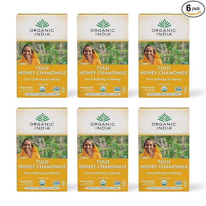 Organic India Tulsi Honey Chamomile Herbal Tea - Holy Basil, Stress Relieving & Calming, Immune Support, Adaptogen, Vegan, USDA Certified Organic, Caffeine-Free - 18 Infusion Bags, 6 Pack