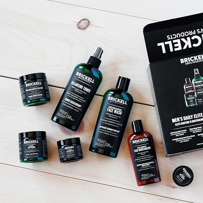 Brickell Men's Daily Elite Face Care Routine II, Toner, Charcoal Facial Wash, Face Scrub, Anti-Aging Night Cream, Eye Cream, Charcoal Mask and Moisturizer, Natural and Organic, Scented
