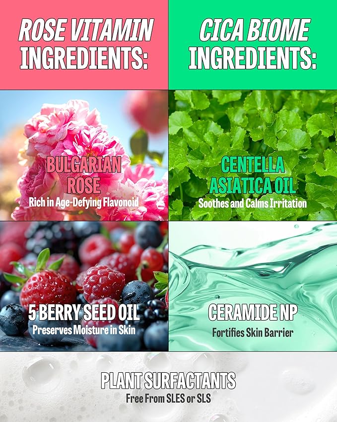 K-Beauty Rose Vitamin + Cica Biome Foam Gift Set | Daily Face Wash - Oil Based Cleanser to Foam | Korean Skin Care for Dry Sensitive Skin | Face Cleanser Bundle