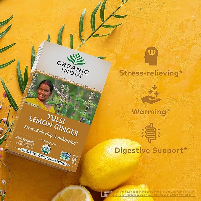 ORGANIC INDIA Tulsi Lemon Ginger Tea Bags - Herbal Tea, Stress Relieving & Reviving, Immune Support, Aids Digestion, Vegan, USDA Certified Organic, Non-GMO, Caffeine-Free - 18 Infusion Bags, 3 Pack