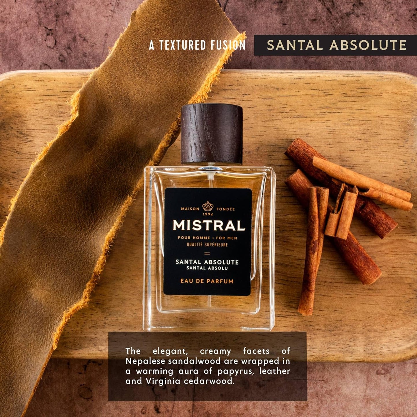Mistral Men’s Cologne – Santal Absolute Eau de Parfum | Warm & Woody Masculine Scent with Cinnamon, Musk, Patchouli & Sandalwood | Cruelty-Free & Long-Lasting Cologne for Men, Made in France - 3.4 Oz