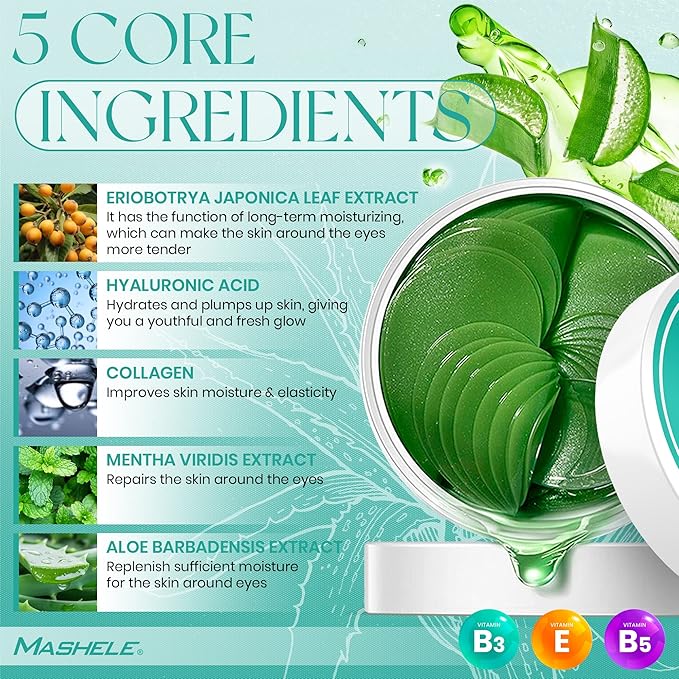 Korean 60pcs Aloe Vera Collagen Under Eye Gel Patches Mask, Treatment for Puffy Eyes, Dark Circles, Anti Wrinkle Pads, Moisturizing for Women and Men (60pcs patches aloe vera)