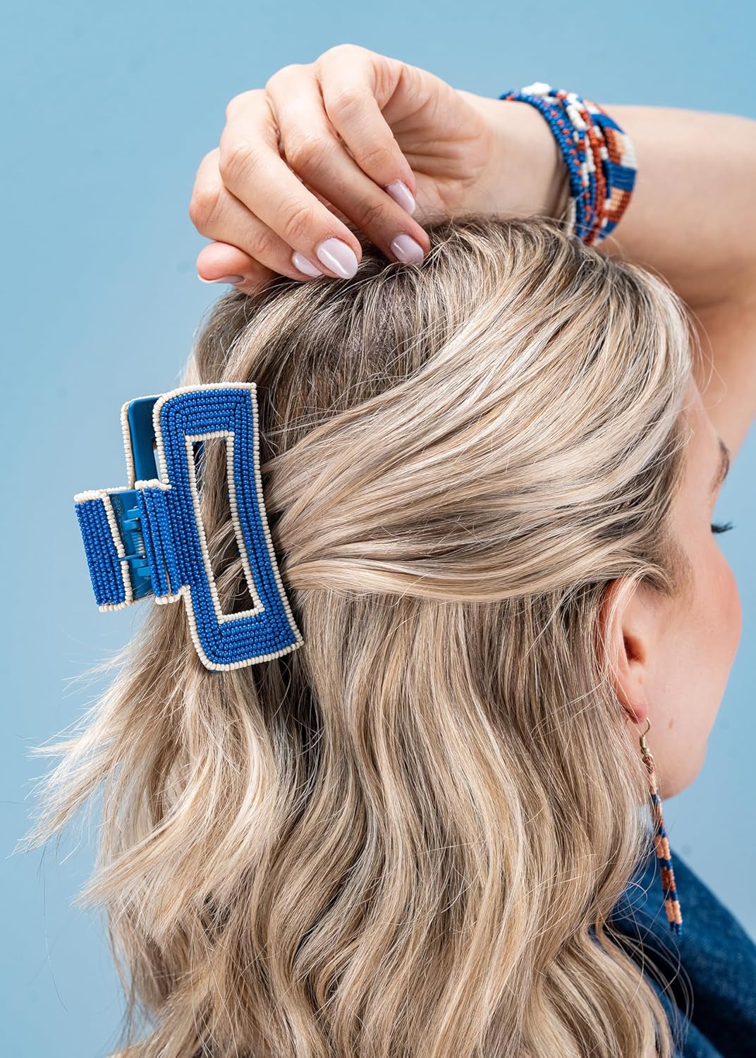 INK+ALLOY Beaded Hair Clips, Lola Large Statement Boho Cute Claw Clips for Women, Secure Hold for Thin & Thick Hair, Handmade Accessories for the Modern Bohemian, 3.5-Inches (Denim Blue)