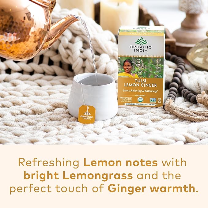 ORGANIC INDIA Tulsi Lemon Ginger Tea Bags - Herbal Tea, Stress Relieving & Reviving, Immune Support, Aids Digestion, Vegan, USDA Certified Organic, Non-GMO, Caffeine-Free - 18 Infusion Bags, 3 Pack