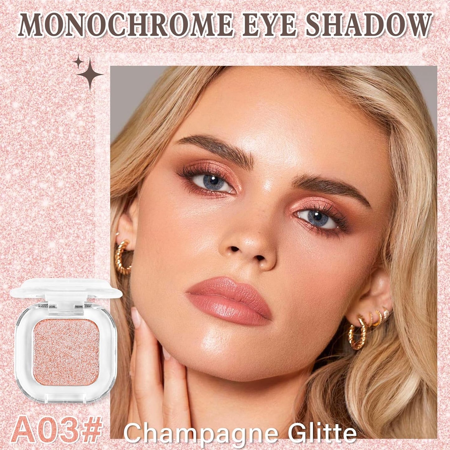 Champagne Glitter Single Eyeshadow Makeup Powder Palette,High Pigment Blendable Formula Eye Make-up for Women,Neutral EyeShadow,sombras para ojos，Longwear Waterproof,Vegan&Cruelty-Free