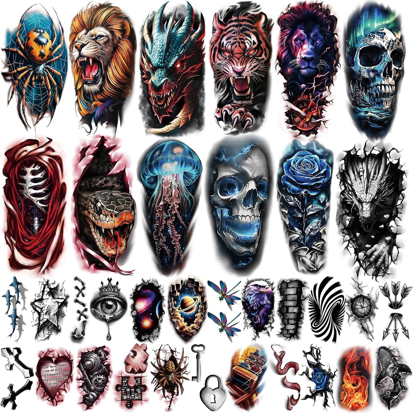 77 Sheets 3D Temporary Tattoo for Men Women, Temp Lion Tiger Dragon Spider Scorpion Snake Jellyfish Rose Tattoo Stickers for Adult Neck Arm, Flower Bow Whale Eagle for Boys Girls Party Suppply