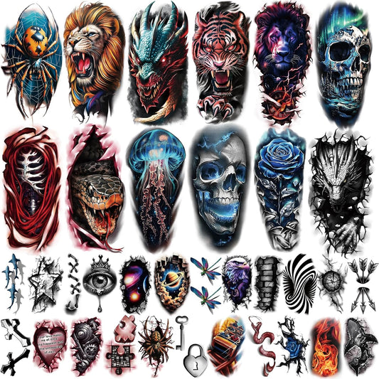 77 Sheets 3D Temporary Tattoo for Men Women, Temp Lion Tiger Dragon Spider Scorpion Snake Jellyfish Rose Tattoo Stickers for Adult Neck Arm, Flower Bow Whale Eagle for Boys Girls Party Suppply