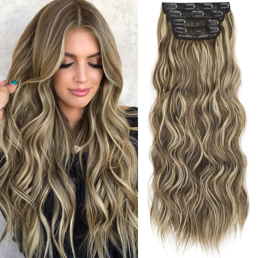 KooKaStyle Clip in Synthetic Highlight Hair Extensions Long Wavy 4PCS Thick Hairpieces Medium Brown Ash Blonde Fiber Double Weft Natural 24 Inch for Women