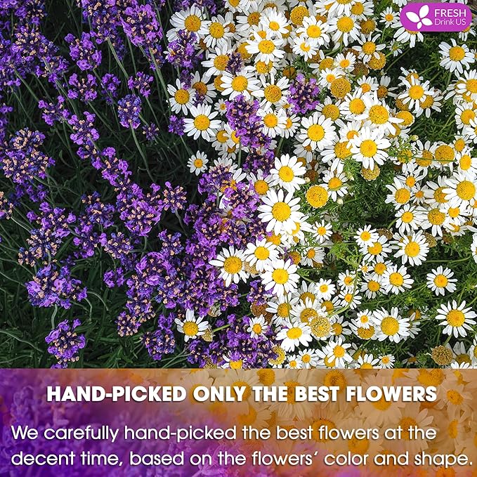 FreshDrinkUS, Premium 60 Chamomile Lavender Tea Bags, 100% Natural Herbal Ingredients, Hand-made Blend of Chamomile Lavender Flowers, Eco-conscious Tea Bags. No Sugar, No Caffeine, No Gluten, Vegan.