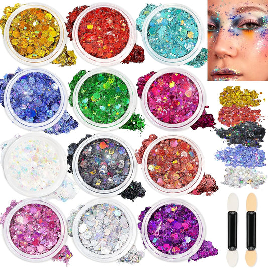 12 Colors Body Glitter Gel and Face Glitter Gel Makeup for Eyeshadow and Nails, Hair and Raves Festivals, Makeup for Women and Kids