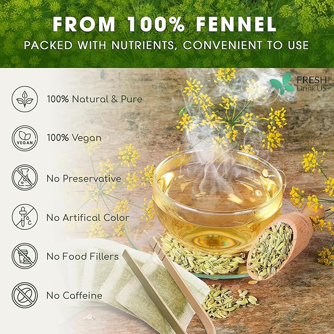 FreshDrinkUS Premium 200 Fennel Tea Bags, 100% Natural & Pure From Seeds. Herbal Tea Made With Natural Material Bags. No Sugar, No Caffeine, No Gluten, Vegan.