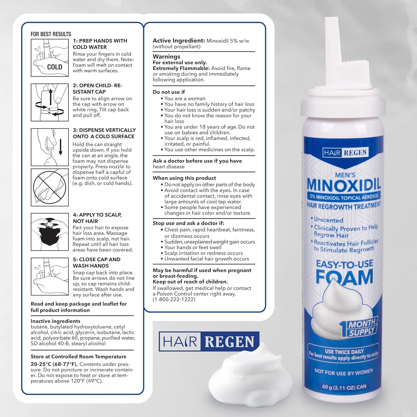 5% Minoxidil Foam for Men 1 Pack - Men's 5 Percent Hair Growth Treatment - Topical Foaming Minoxidil for Men 1 Month Supply - Great for Hair Regrowth and Reduce Hair Loss