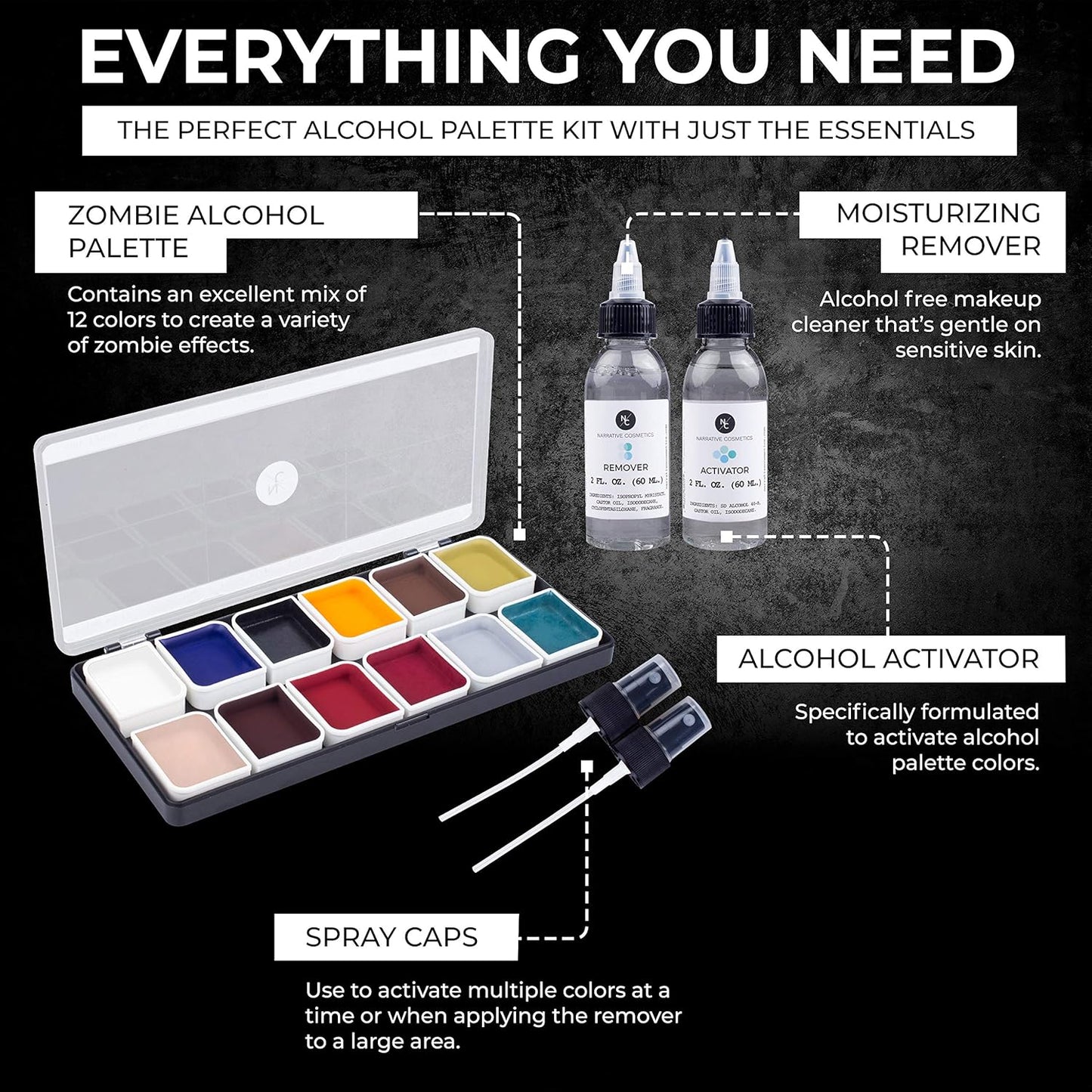 Narrative Cosmetics Zombie Alcohol-Activated Palette, Activator, and Remover Kit, Professional SFX Makeup Set