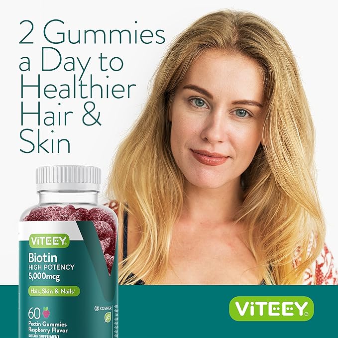 Biotin Gummies for Hair Skin Nails 5,000mcg - Hair Growth Gummies, Healthy Skin Glow, Strong Healthy Nail Growth - Vegan, Gluten Free, Gelatin Free, GMO Free - Tasty Chewable Raspberry Flavor