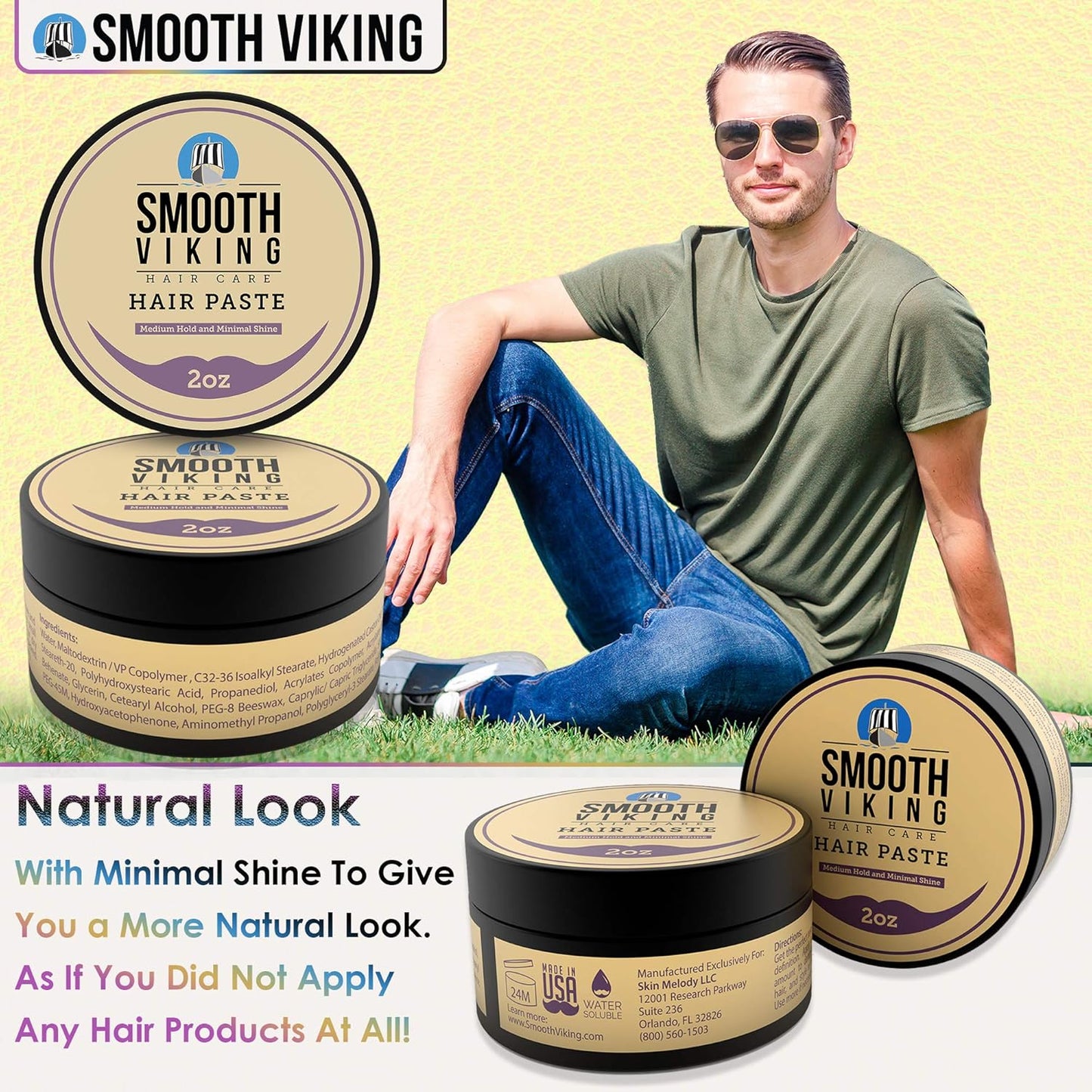 Smooth Viking Hair Paste for Men - Hair Styling Cream with Minimal Shine & Medium Hold Hair Products for Men, Hair Cream for Men, Styling Paste for Textured Messy Hairstyle - Made in USA, 2oz