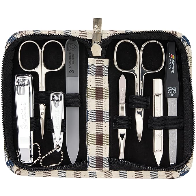 3 Swords Germany - brand quality 8 piece manicure pedicure grooming kit set synthetic leather case chequered - Made in Germany