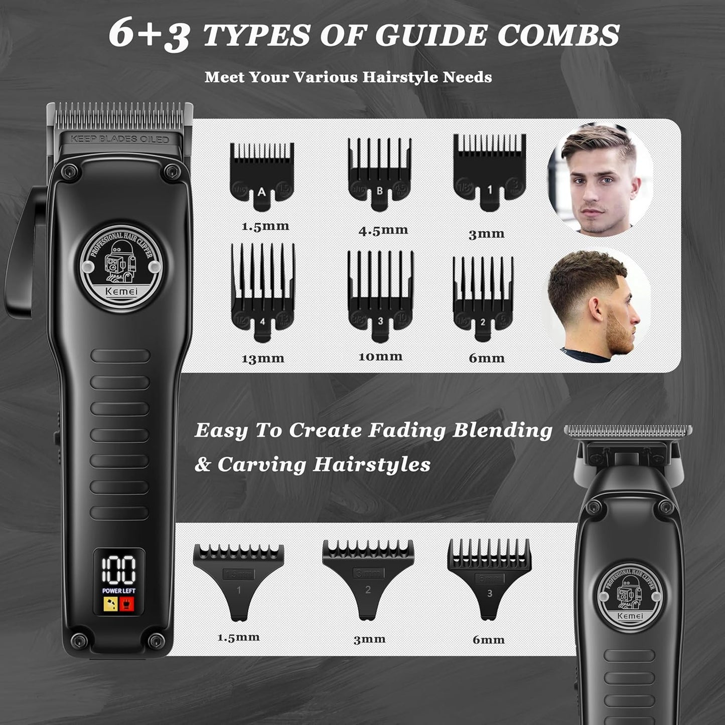 KEMEI 1827 Professional Hair Clippers for Men, Electric Beard Trimmer with Zero Gap T-Blade, Cordless Clippers and Trimmers Set with LED Display for Mens Gifts