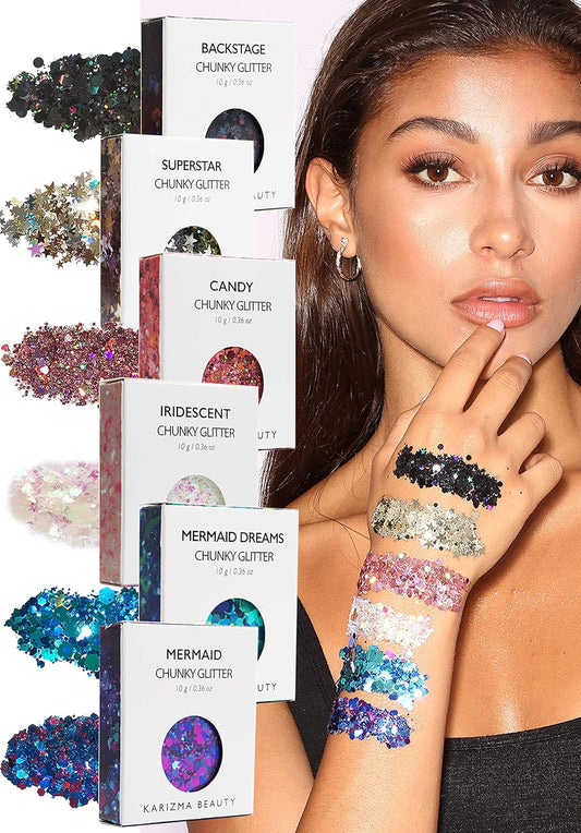 KARIZMA Kiss My Bass! 6X 10g Chunky Face Glitter, Hair, Eye and Body Glitter for Women and Men. Rave Glitter, Festival Accessories and Cosmetic Makeup. Loose Pots