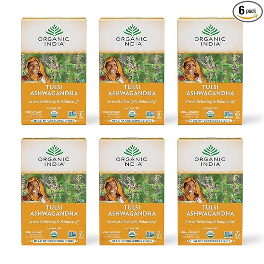 ORGANIC INDIA Calming Tulsi Ashwagandha Tea - Organic Tea Bags, Holy Basil Tea, Vegan, USDA Certified Organic, Non-GMO, Caffeine Free Tea - 18 Infusion Bags, 6 Pack
